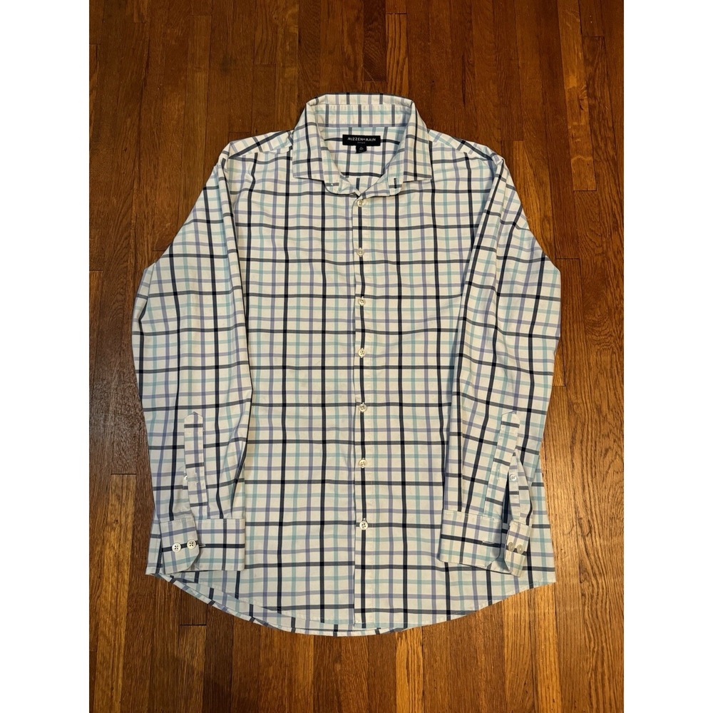 Mizzen Main Shirt Mens Leeward XL Trim Fit White Blue Plaid Check Stretch Button